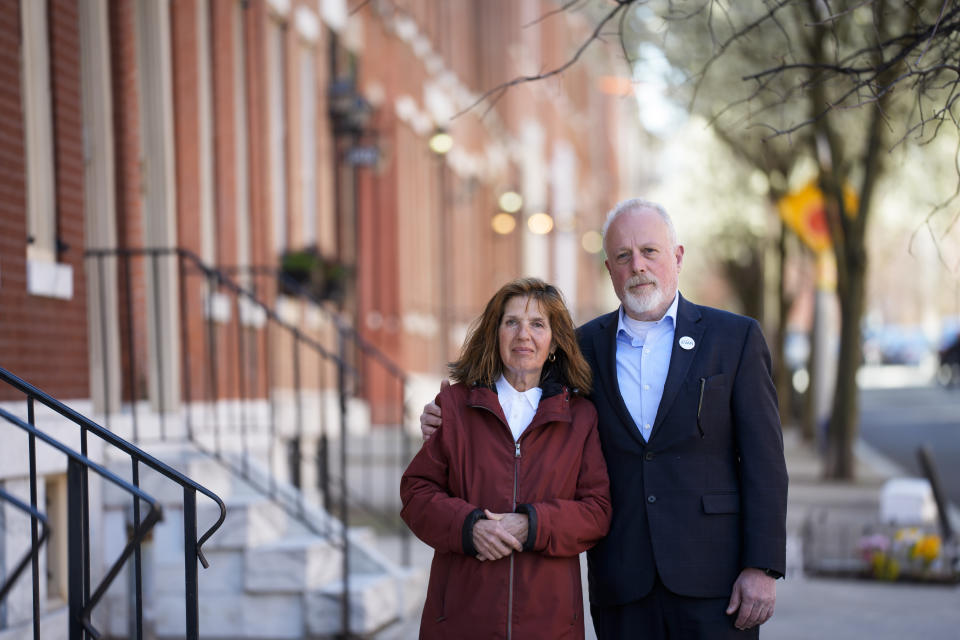 Ella Milman and Mikhail Gershkovich, the parents of Wall Street Journal reporter Evan Gershkovich, pose in Philadelphia, on Monday, March 25, 2024. Gershkovich has been jailed since March 2023 in Moscow on espionage charges, which he, his employer and the U.S. government deny. (AP Photo/Matt Rourke)