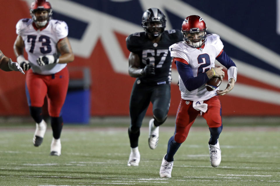 Memphis Express quarterback Johnny Manziel (2) runs for yardage during a Birmingham Iron at Memphis Express AAF football game, Sunday, March 24, 2019, at Liberty Bowl Memorial Stadium in Memphis, Tenn. (AP Photo/Wade Payne)