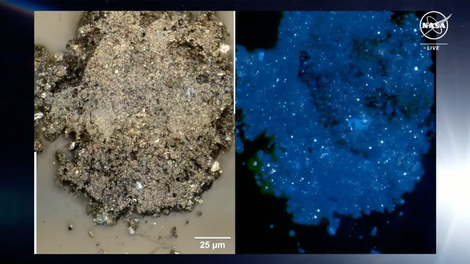 A detailed particle analysis revealed carbonate minerals, which look like stars in the image on the right, and organic matter. - NASA