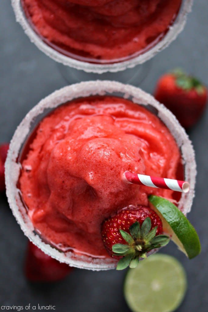 <strong>Get the <a href="https://www.cravingsofalunatic.com/strawberry-margaritas/" target="_blank">Frozen Strawberry Margaritas</a> recipe from Cravings of a Lunatic</strong>