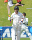 New Zealand’s Brendon McCullum signals his 150 runs against India on the fourth day of the second cricket test at Basin Reserve in Wellington, New Zealand, Monday, Feb. 17, 2014.