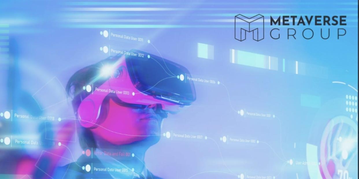 A screenshot shows a man wearing virtual-reality glasses used to get into the metaverse