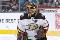 Anaheim Ducks goaltender Anthony Stolarz blocks a San Jose Sharks shot during the first period in an NHL hockey game Tuesday, April 26, 2022, in San Jose, Calif. (AP Photo/Tony Avelar)