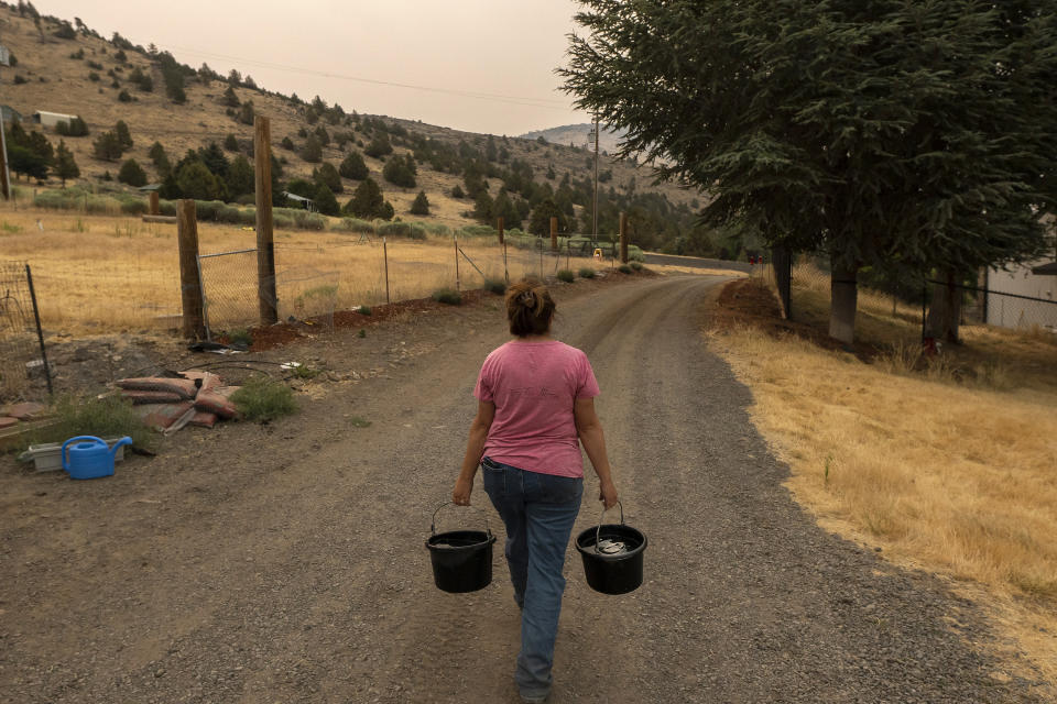 FILE - Misty Buckley carries dirty water from her animals' pens to water plants in her front yard, Saturday, July 24, 2021, in Klamath Falls, Ore. Farms that rely on irrigation from a depleted, federally managed lake on the California-Oregon border, along with a Native American tribe fighting to protect fragile salmon, will both receive greatly reduced amounts of water again in the summer of 2022 as a historic drought and record-low reservoir levels drag on in the U.S. West. (AP Photo/Nathan Howard, File)