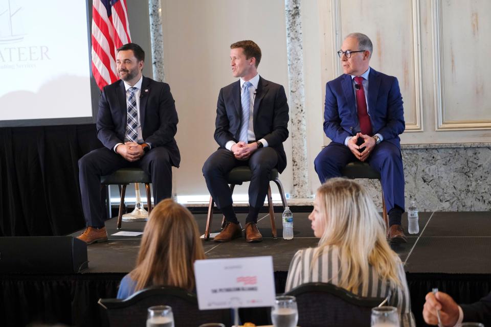 Oklahoma Sen. Nathan Dahm, Luke Holland and Scott Pruitt, shown here at a forum in May, are scheduled to participate in a televised debate on Thursday for Republicans vying to replace U.S. Sen. Jim Inhofe.