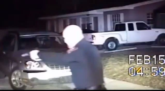 A grab from the dashcam video showing the cop shootng Mr Hall dead in Miami Gardens, Florida, last month. Photo: YouTube