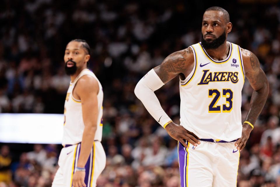 Apr 20, 2024; Denver, Colorado, USA; Los Angeles Lakers forward LeBron James (23) looks on during the third quarter against the Denver Nuggets in game one of the first round for the 2024 NBA playoffs at Ball Arena. Mandatory Credit: Andrew Wevers-USA TODAY Sports