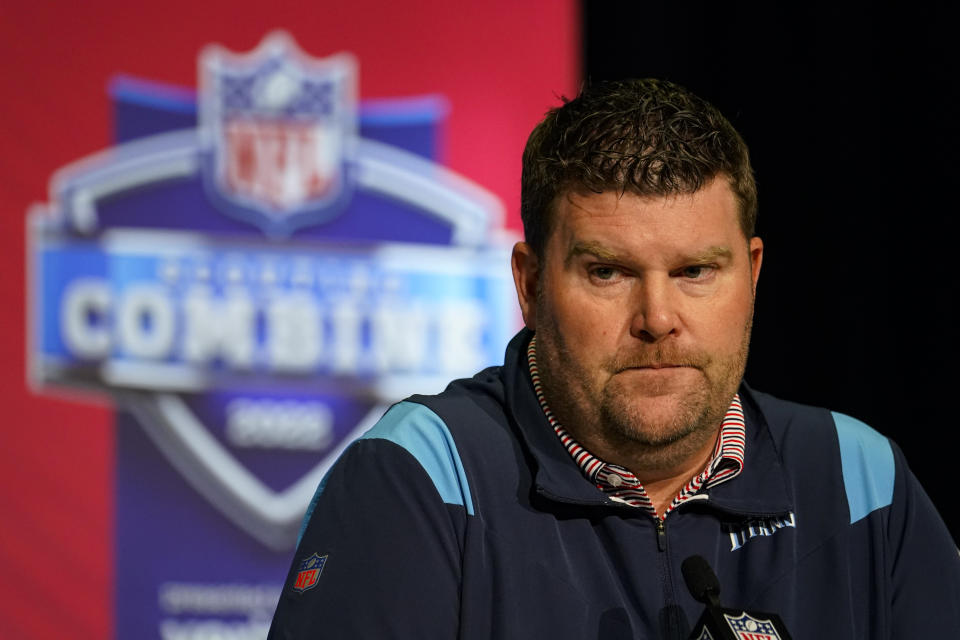 Tennessee Titans general manager John Robinson speaks at a press conference at the NFL Scout Factory in Indianapolis on Wednesday, March 2, 2022 (AP Photo / Michael Conroy)