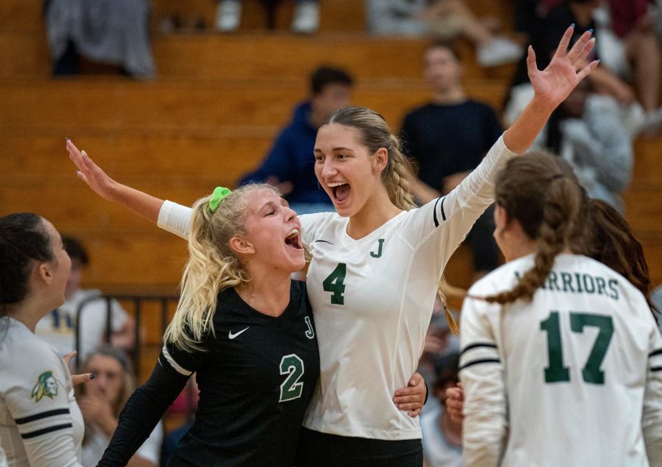 Jupiter's Macy Mcamis, left, celebrates with Sarah Brodner during match against Boca Raton in Boca Raton on September 15, 2022.