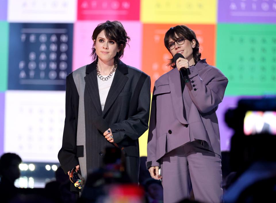 HALIFAX, NOVA SCOTIA - MARCH Tegan and Sara call out Alberta government's recent policies affecting transgender youth in 2024 Juno Award acceptance speech (Photo by Cindy Ord/Getty Images): (L-R) Tegan Quin and Sara Quin of Tegan and Sara speak onstage during the 2024 JUNO Awards at Scotiabank Centre on March 24, 2024 in Halifax, Nova Scotia. (Photo by Cindy Ord/Getty Images)
