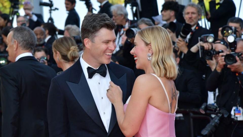 cannes, france may 23 scarlett johansson and colin jost attend the asteroid city red carpet during the 76th annual cannes film festival at palais des festivals on may 23, 2023 in cannes, france photo by dominique charriauwireimage