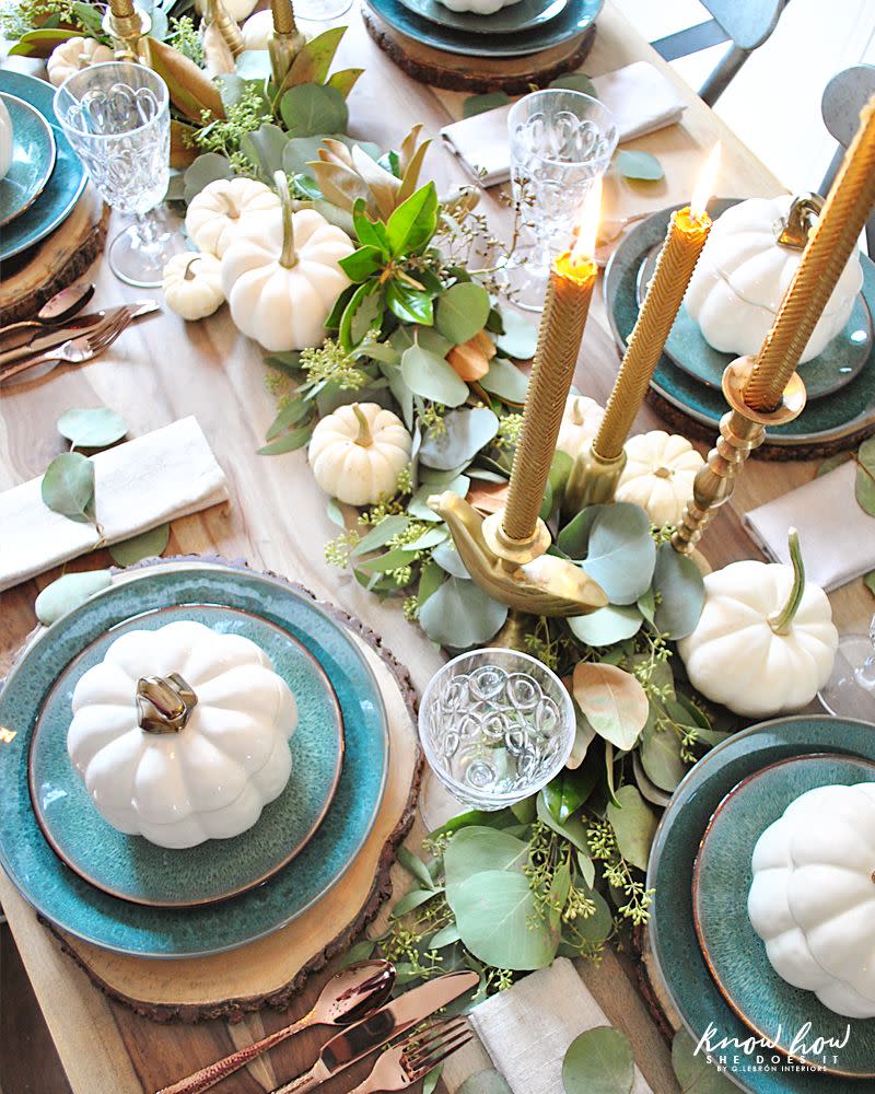 <p>Green and teal combine to make a tablescape that's soothing and oh-so pretty. </p><p><strong><em><a href="https://www.knowhowshedoesit.com/2017/10/20/natural-green-thanksgiving-table-setting/" rel="nofollow noopener" target="_blank" data-ylk="slk:Get the tutorial at Know How She Does It;elm:context_link;itc:0;sec:content-canvas" class="link ">Get the tutorial at Know How She Does It</a>. </em></strong></p><p><a class="link " href="https://www.amazon.com/Sliverdew-Ceramics-Creative-Halloween-Pumpkins/dp/B0994QH6X9?tag=syn-yahoo-20&ascsubtag=%5Bartid%7C10070.g.23289609%5Bsrc%7Cyahoo-us" rel="nofollow noopener" target="_blank" data-ylk="slk:SHOP PUMPKIN SOUP BOWLS;elm:context_link;itc:0;sec:content-canvas">SHOP PUMPKIN SOUP BOWLS</a></p>