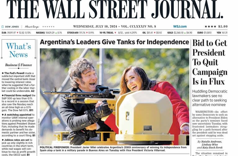 La portada de The Wall Street Journal con Milei y Villarruel.