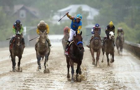 May 16, 2015; Baltimore, MD, USA; Victor Espinoza aboard American Pharoah celebrate winning the 140th Preakness Stakes at Pimlico Race Course. Mandatory Credit: Winslow Townson-USA TODAY