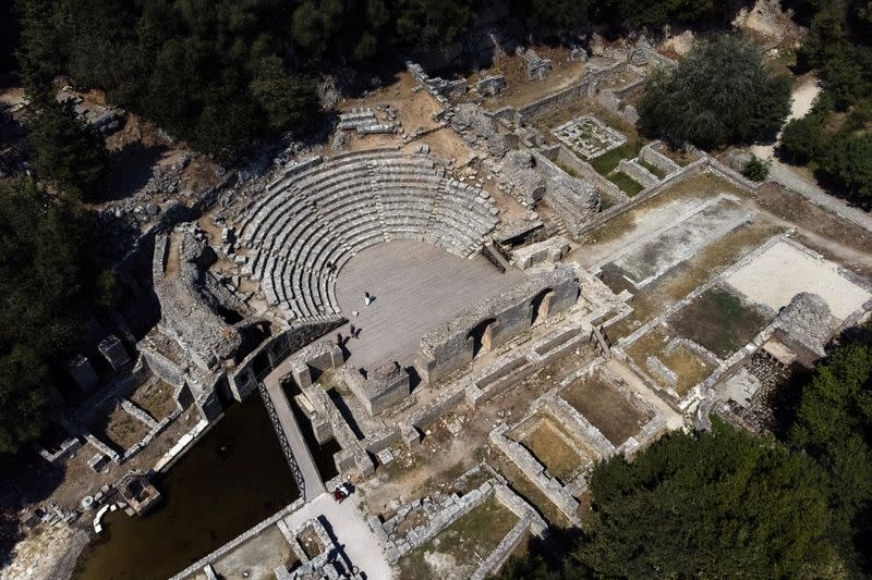 An aerial view shows tourists visiting the archaeological site of Butrint in Ksamil