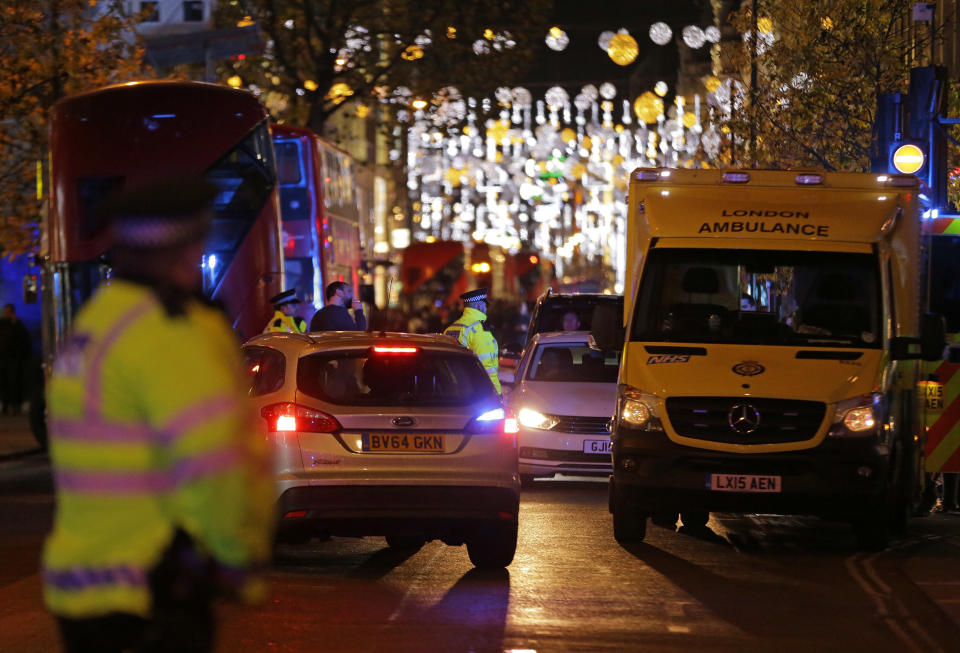 <p>Police officers and vehicles block Oxford Street in the west end of London after Oxford Circus station was evacuated Friday Nov. 24, 2017. (Photo: Alastair Grant/AP) </p>