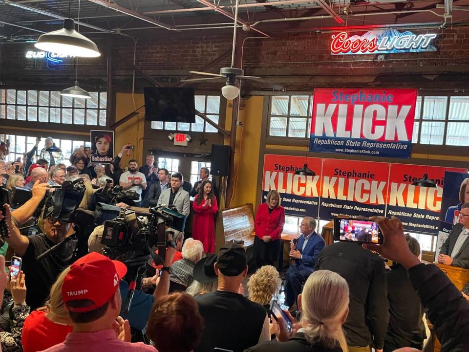 Gov. Greg Abbott campaigns for Stephanie Klick in North Richland Hills.