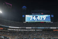 The attendance number is displayed during an MLS soccer match between Charlotte FC and the LA Galaxy in Charlotte, N.C., Saturday, March 5, 2022. (AP Photo/Jacob Kupferman)