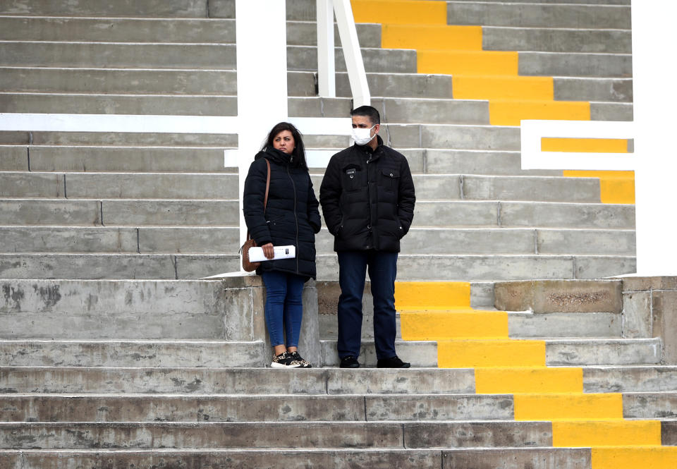 <p>A general view of owners in the empty stands ahead of the MansionBet Bet 10 Get 20 Novice Stakes at Nottingham Racecourse. Picture date: Wednesday April 7, 2021.</p>
