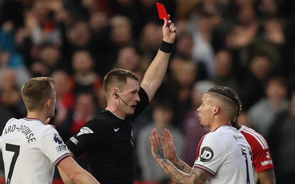 Kalvin Phillips is shown a red card