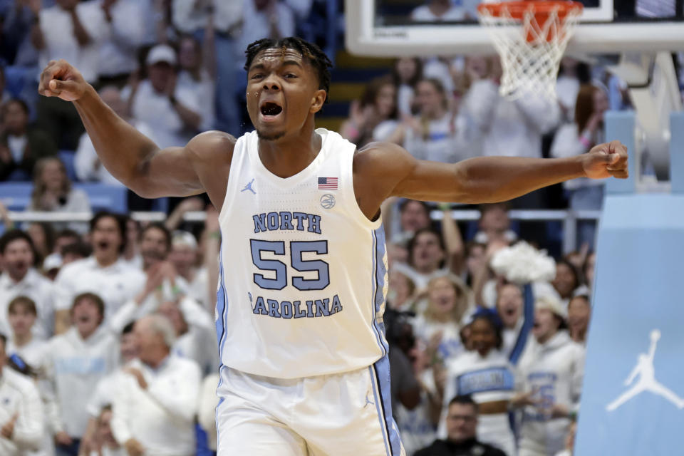 North Carolina forward Harrison Ingram (55) reacts after a dunk against Tennessee during the first half of an NCAA college basketball game Wednesday, Nov. 29, 2023, in Chapel Hill, N.C. (AP Photo/Chris Seward)