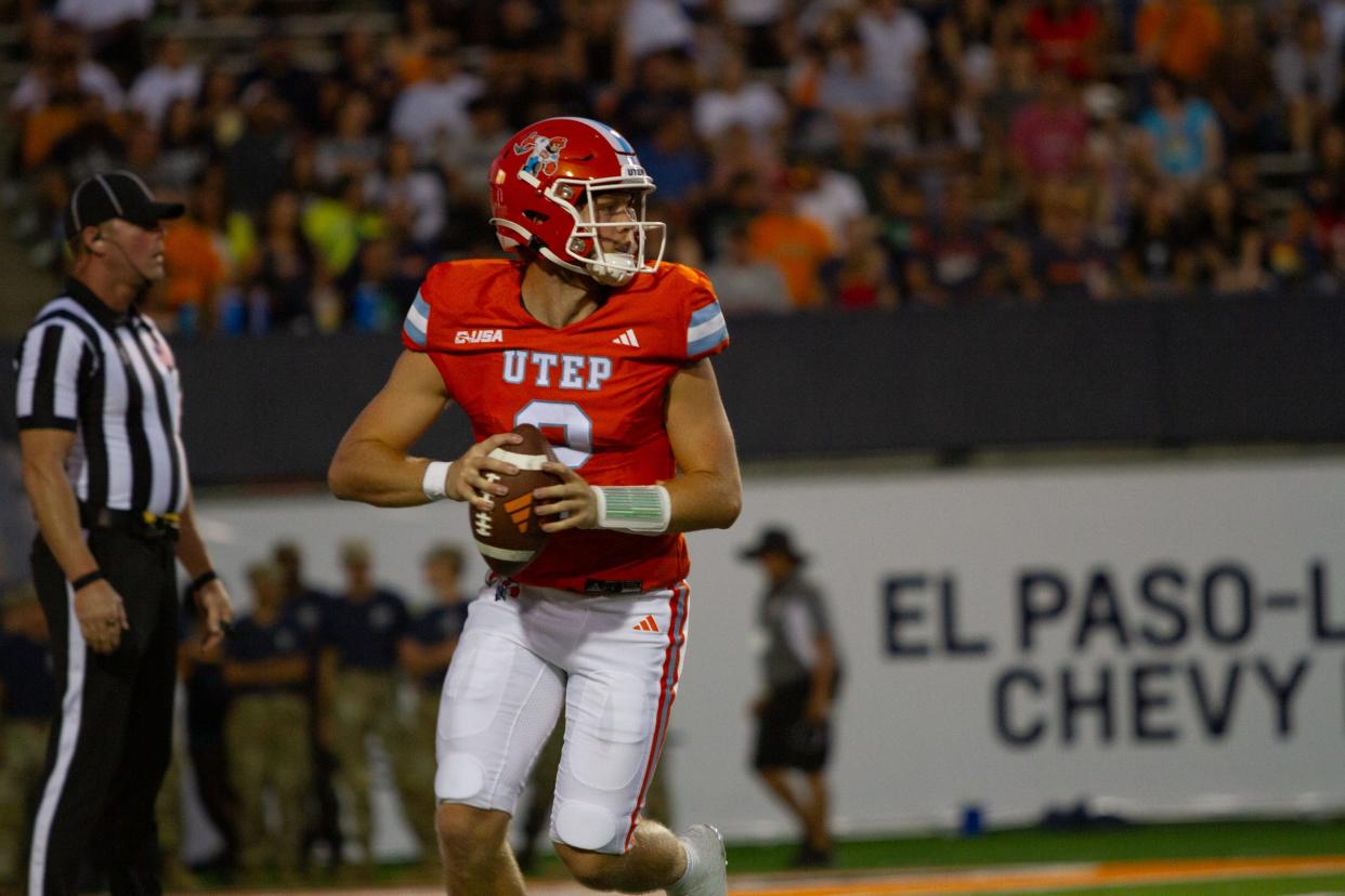 UTEP quarterback Gavin Hardison looks down field to attempt a pass against UIW on Sep. 2, 2023.