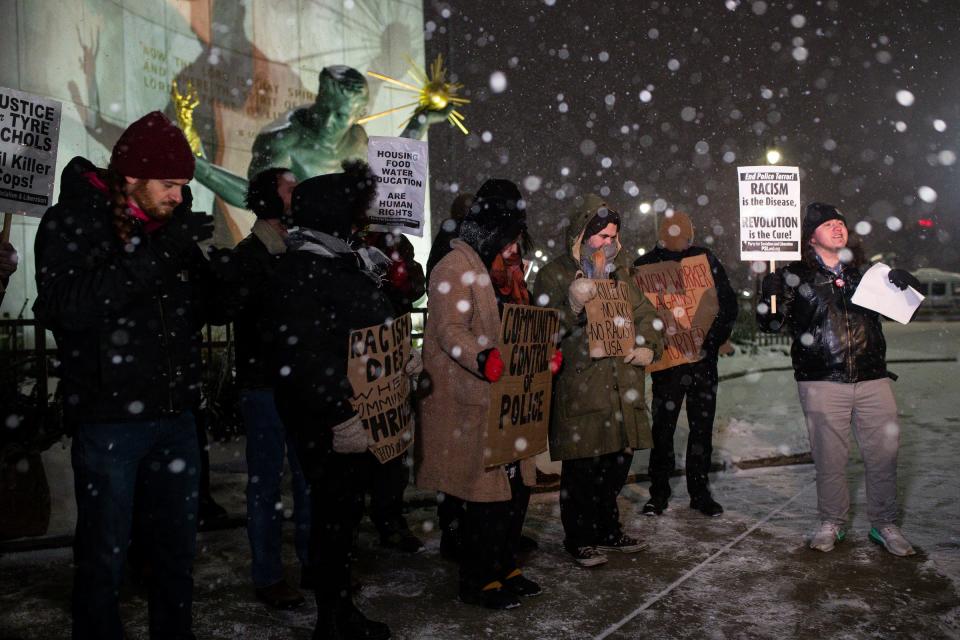 Mitchell Bonga of the Party for Socialism and Liberation speaks in response to the death of Tyre Nichols at the Spirit Plaza in downtown Detroit on Friday, Jan. 27, 2023.