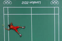 LONDON, ENGLAND - AUGUST 02: Dan Lin of China celebrates after defeating Sho Sasaki of Japan in their Men's Singles Badminton quarter final on day 6 of the London 2012 Olympic Games at Wembley Arena on August 2, 2012 in London, England. (Photo by Chris McGrath/Getty Images)