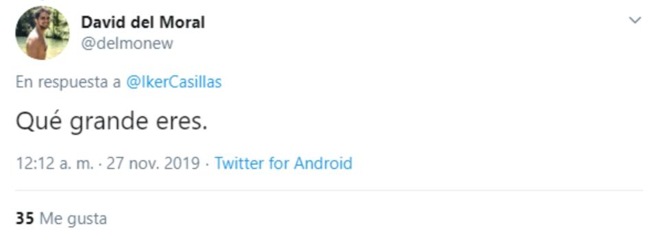 Además de sorpresa, la otra reacción mayoritaria al tuit de Casillas fue la de aplaudir al exportero madridista. (Foto: Twitter / <a href="http://twitter.com/delmonew/status/1199466046916349954" rel="nofollow noopener" target="_blank" data-ylk="slk:@delmonew;elm:context_link;itc:0;sec:content-canvas" class="link ">@delmonew</a>).