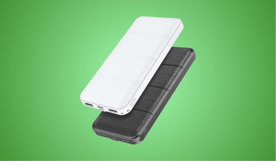 two portable power banks in black and white