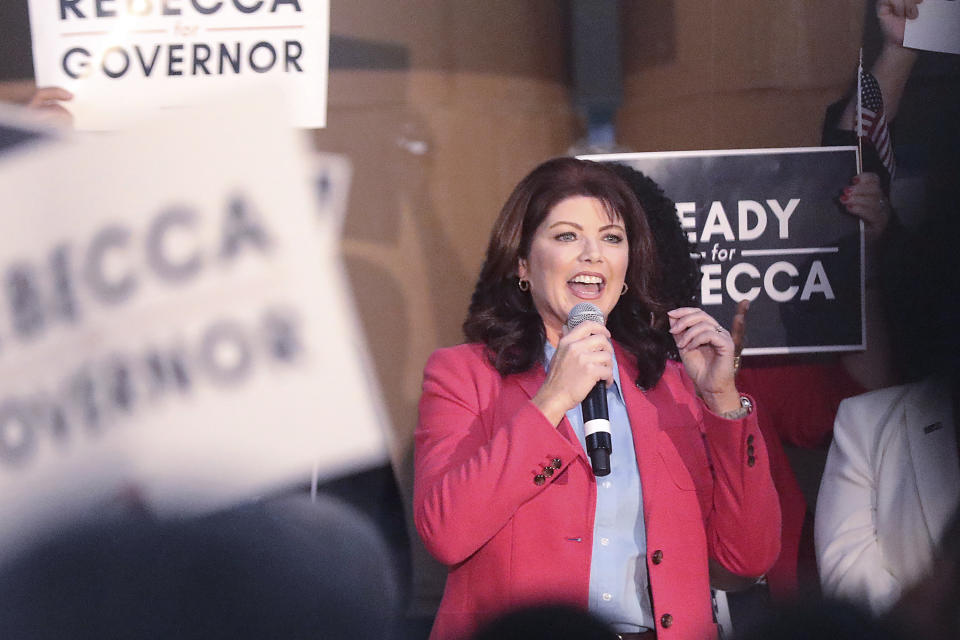 FILE - Former Wisconsin Lt. Gov. Rebecca Kleefisch announces her candidacy for office of Governor at Western States Envelope Company in Butler, Wis., Thursday, Sept. 9, 2021. Kleefisch, a Republican, announced Monday, Jan. 10, 2022, that she raised more than $3.3 million in the first four months since getting into the race in September. (John Hart/Wisconsin State Journal via AP File)