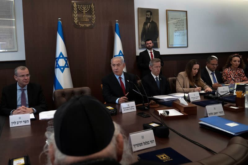 Israeli Prime Minister Benjamin Netanyahu chairs the weekly cabinet meeting in Jerusalem