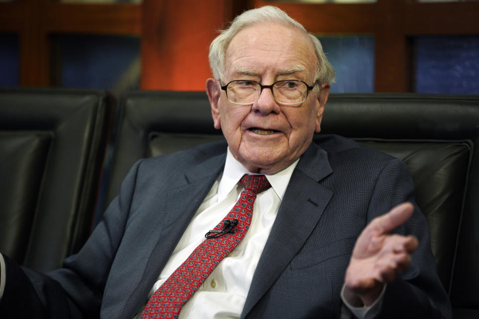 Berkshire Hathaway Chairman and CEO Warren Buffett speaks during an interview in Omaha, Neb., Monday, May 7, 2018, with Liz Claman on Fox Business Network's "Countdown to the Closing Bell". (AP Photo/Nati Harnik)