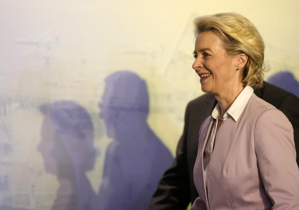 ADDITION ADDS DATE AND PLACE - EU Commission President Ursula von der Leyen, is accompanied by Egyptian Minister of Petroleum Tarek El-Molla, during the signing of a deal to increase liquified natural gas sales to EU countries, who aim to reduce dependence on supply from Russia as the war in Ukraine drags on, in Cairo, Egypt, Wednesday, June 15, 2022. (AP Photo/Amr Nabil)