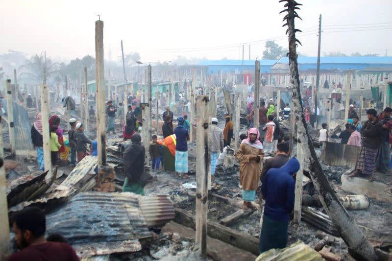 A view of burned houses after a fire broke out at the Nayapara refugee camp in Cox's Bazar