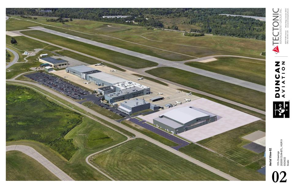 A rendering of a planned $30 million expansion of Duncan Aviation at Battle Creek Executive Airport.