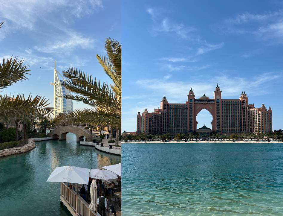 杜拜知名地標：帆船飯店（左）、五星級亞特蘭提斯飯店（右）。圖／凱倫　提供