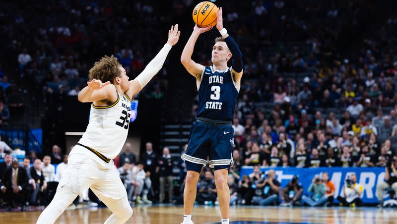 Utah State Aggies guard Steven Ashworth (3) shoots the ball during the first round of the NCAA men’s basketball tournament between Utah State and Missouri at the Golden 1 Center in Sacramento on March 16, 2023.