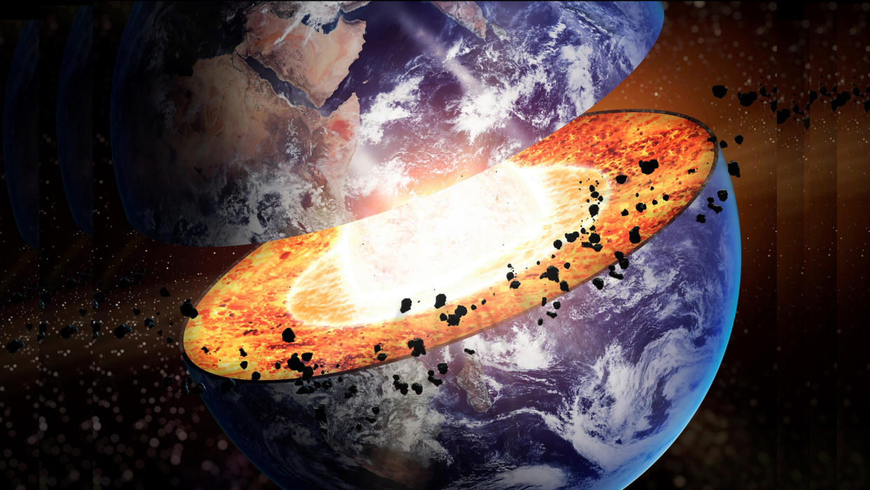  Cross-sectional illustration of Earth's layers, down to molten core. 
