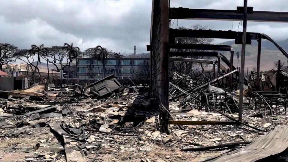 PHOTO: A view of damage cause by wildfires in Lahaina, Maui, Hawaii, Aug. 10, 2023, in this screen grab obtained from a social media video. (Senator Brian Schatz Via Instagr/via Reuters)