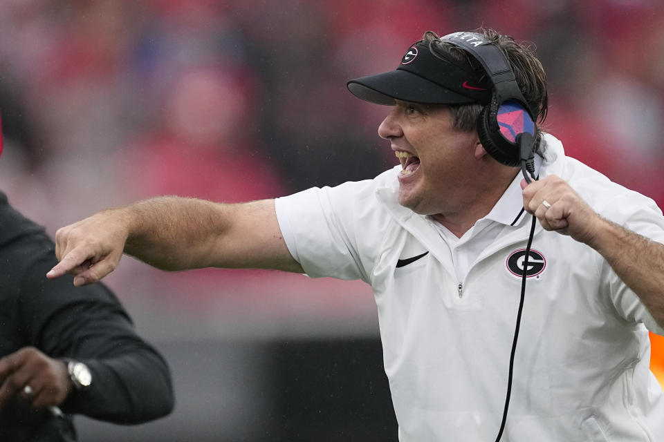 Georgia head coach Kirby Smart yells to his players on the field during the second half of an NCAA college football game against South Carolina Saturday, Sept. 16, 2023, Ga. (AP Photo/John Bazemore)