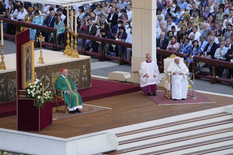 Pope Francis presides over a mass celebrated by U.S. Cardinal Kevin Joseph Farrell in St. Peter's Square at the Vatican for the participants into the World Meeting of Families in Rome, Saturday, June 25, 2022. The World Meeting of Families was created by Pope John Paul II in 1994 and celebrated every three years since then in different cities. (AP Photo/Andrew Medichini)