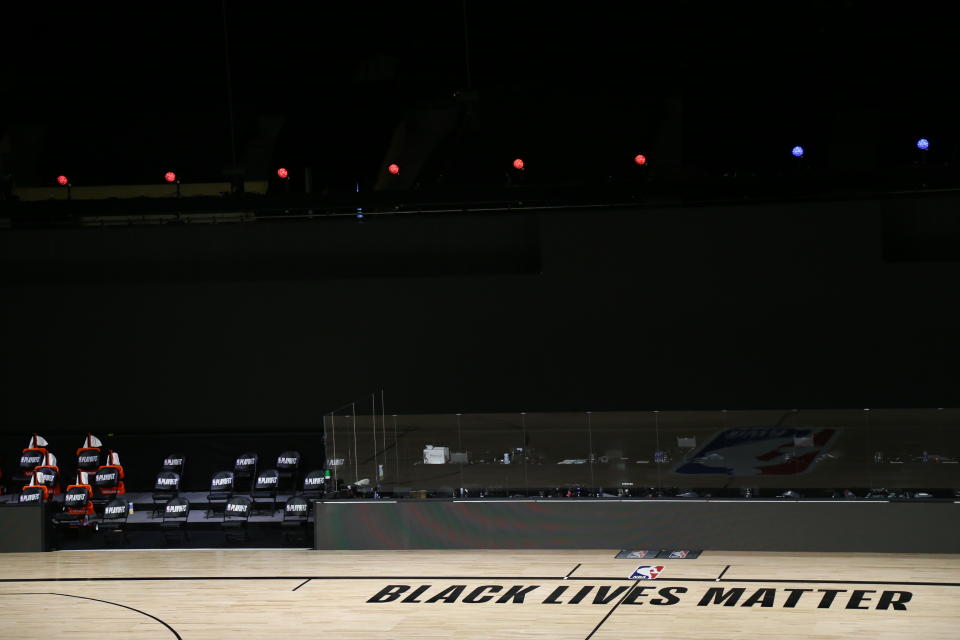 A general view inside The Field House before Game 5 of an NBA basketball first-round playoff series, between the Oklahoma City Thunder and Houston Rockets, Wednesday, Aug. 26, 2020, in Lake Buena Vista, Fla. NBA players made their strongest statement yet against racial injustice Wednesday when the Milwaukee Bucks didn’t take the floor for their playoff game against the Orlando Magic. (Kim Klement/Pool Photo via AP)