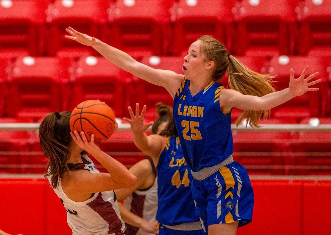 Lipan’s Chelsea Lott blocks a shot in the Lady Indians’ bruising, 60-51, victory over the Lady Mustangs of Martin’s Mill in Glen Rose in 2021.