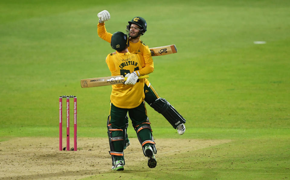 BIRMINGHAM, ENGLAND - OCTOBER 04: Ben Duckett and Dan Christian of Notts Outlaws celebrate victory in the Vitality Blast 20 Final between Surrey and Notts Outlaws at Edgbaston on October 04, 2020 in Birmingham, England. (Photo by Alex Davidson/Getty Images)