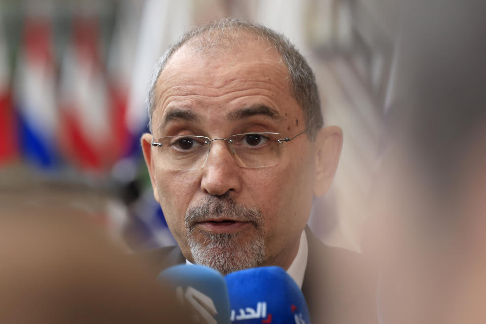 Jordan's Minister of Foreign Affairs Ayman Safadi speaks with the media as he arrives for a meeting at the European Council building in Brussels, Monday, May 27, 2024. Ministers meet Monday for the eighth Brussels Conference on "Supporting the future of Syria and the region". (AP Photo/Geert Vanden Wijngaert)
