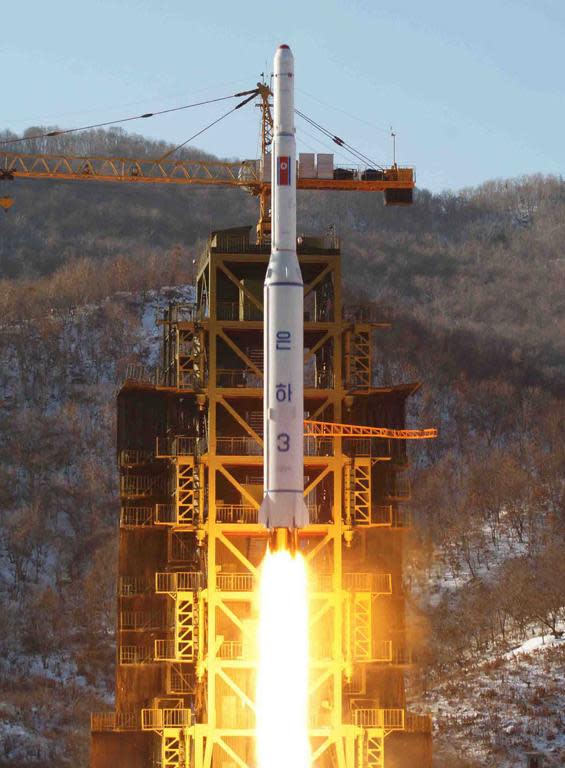 The North Korean rocket Unha-3, carrying the satellite Kwangmyongsong-3, lifts off from the launching pad in Cholsan county, North Korea, December 12, 2012