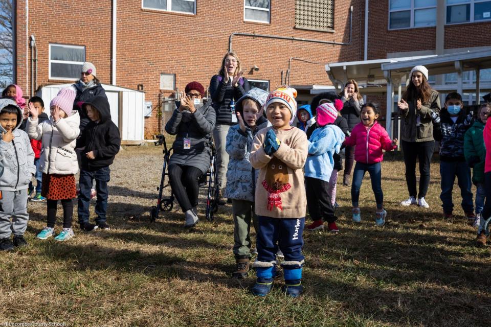 Students and staff attended the groundbreaking ceremony of Woodfin Elementary's new playground equipment, which was funded through community donors and approved by the Buncombe County Board of Education on Dec. 6.