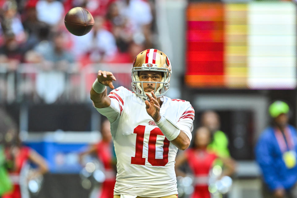 ATLANTA, GA  OCTOBER 16:  San Francisco quarterback Jimmy Garoppolo (10) throws a pass during the NFL game between the San Francisco 49ers and the Atlanta Falcons on October 16th, 2022 at Mercedes-Benz Stadium in Atlanta, GA.  (Photo by Rich von Biberstein/Icon Sportswire via Getty Images)