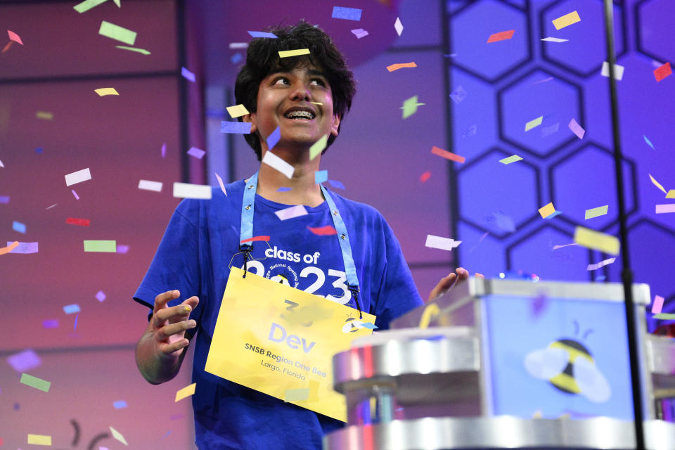 Dev Shah, 14, from Largo, Fla., reacts as he wins the Scripps National Spelling Bee finals, Thursday, June 1, 2023, in Oxon Hill, Md. (AP Photo/Nick Wass)